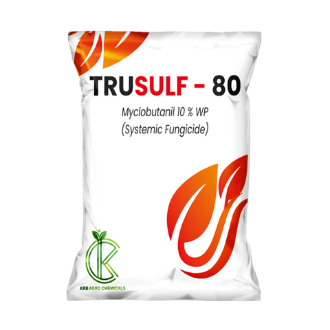 TRUSULF-80 product packaging showing Myclobutanil 10% WP systemic fungicide effective against powdery mildew and rusts in various crops