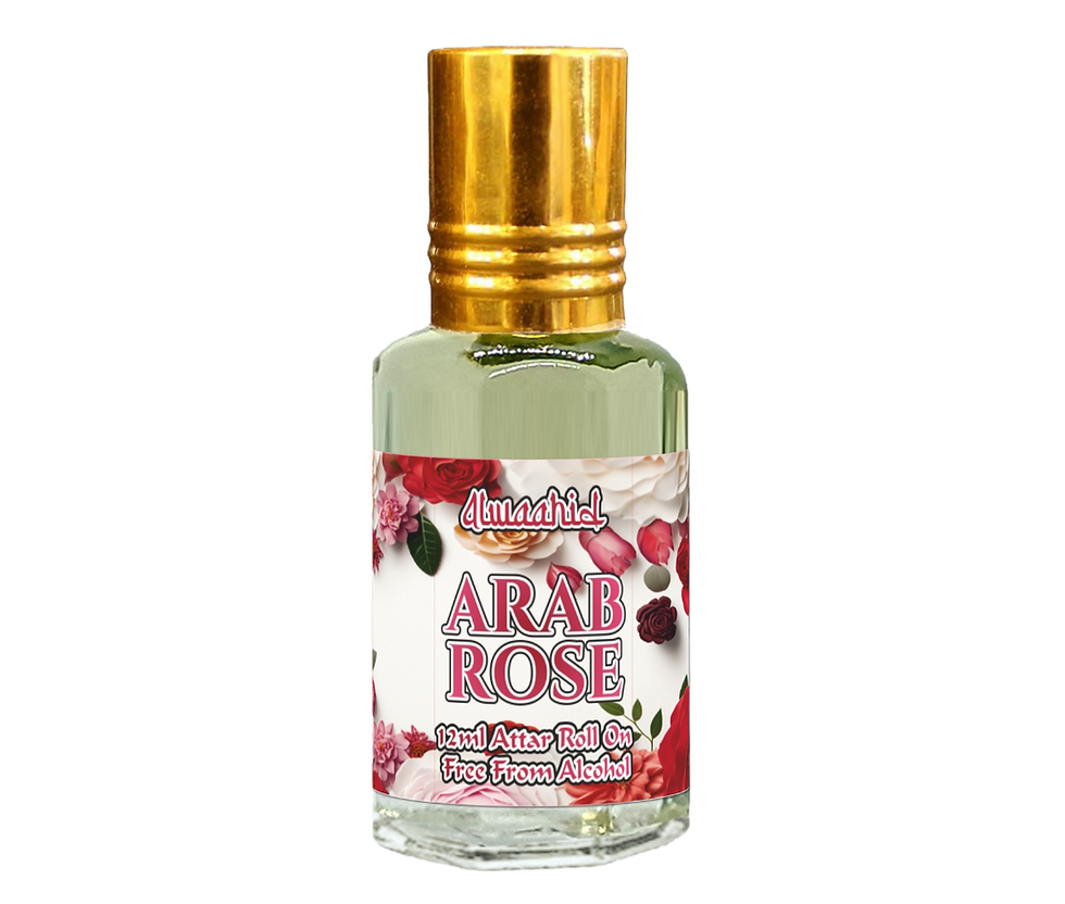 Arab Rose 12ml roll-on attar featuring rose, oud, and amber for a deep, opulent, and Arabic-inspired scent.