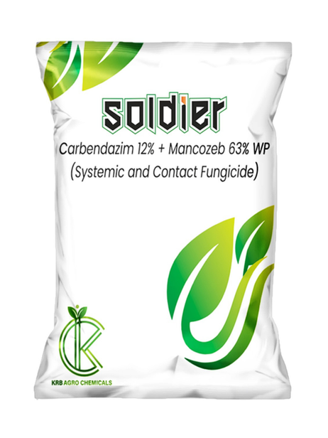 SOLDIER product packaging showing Carbendazim + Mancozeb mix for both systemic and contact fungal control in major crops
