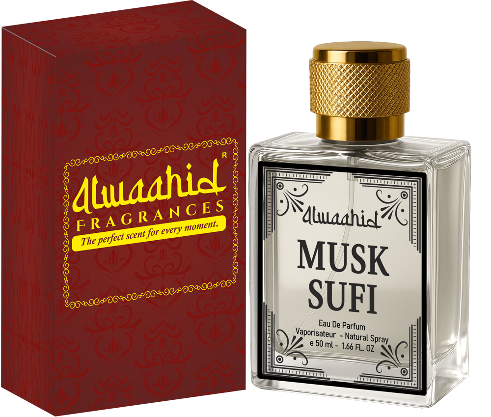 Musk Sufi perfume, 50ml bottle with black and gold label and box.