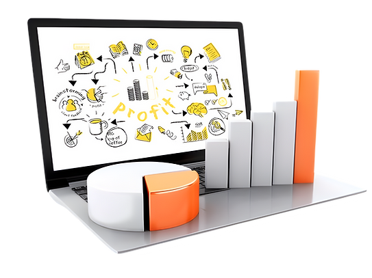 A laptop displaying a brainstorming sketch with a 3D bar chart and pie chart on its keyboard.