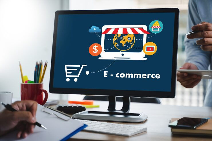 A global e-commerce network shown on a transparent screen with a world map and data points.