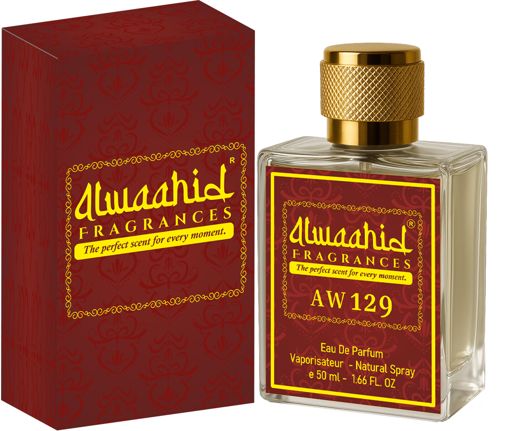 AW 129 Alwaahid perfume, 50ml bottle with red and gold box.