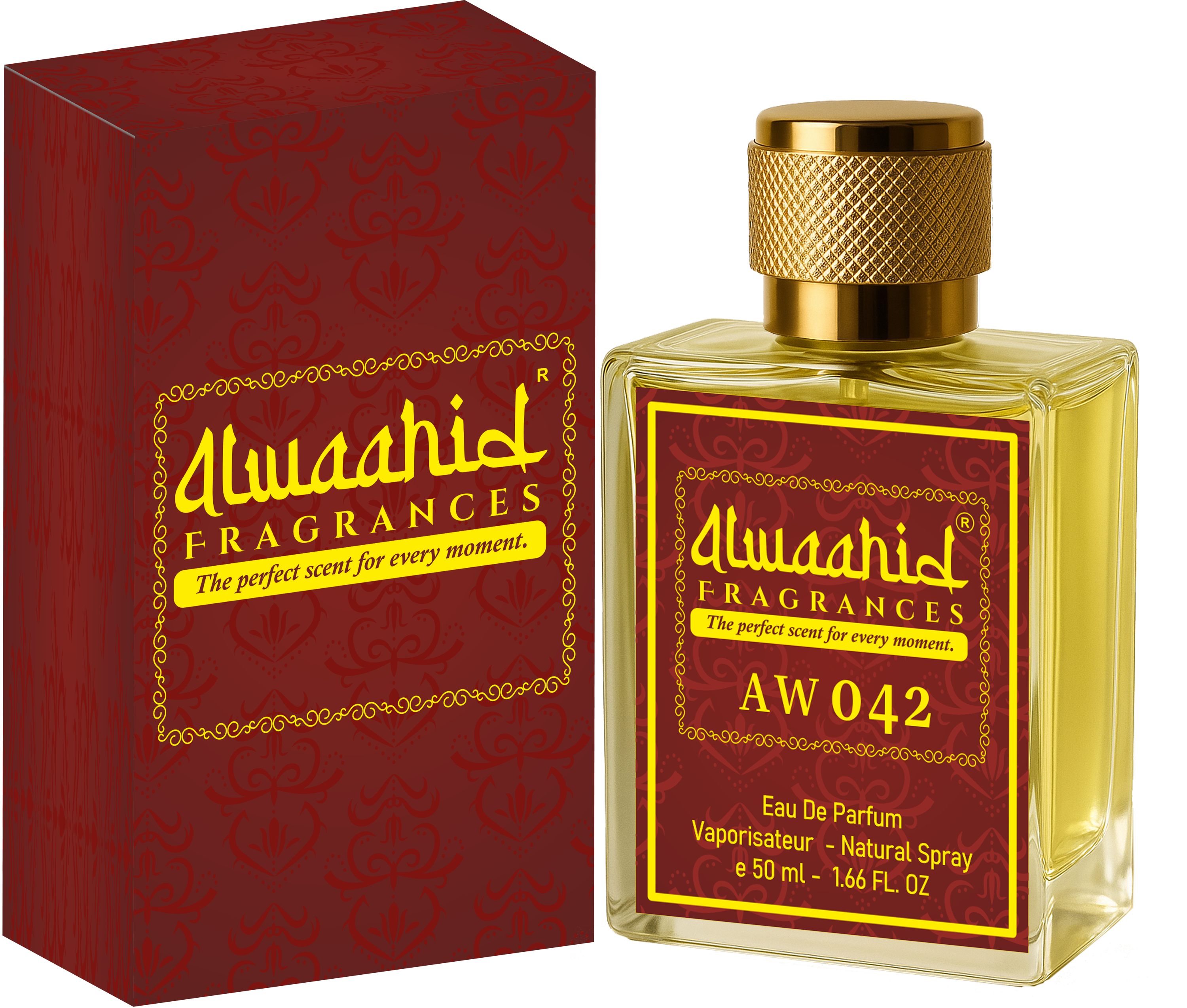 Alwaahid AW 042 50ml perfume bottle and red box.
