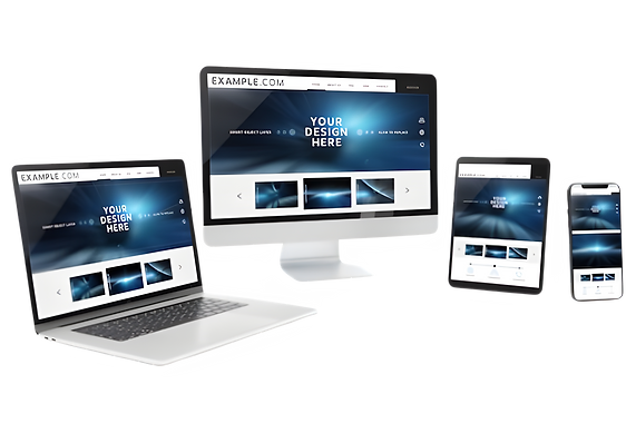 A laptop, desktop, tablet, and smartphone displaying a website mockup on their screens against a gray background.