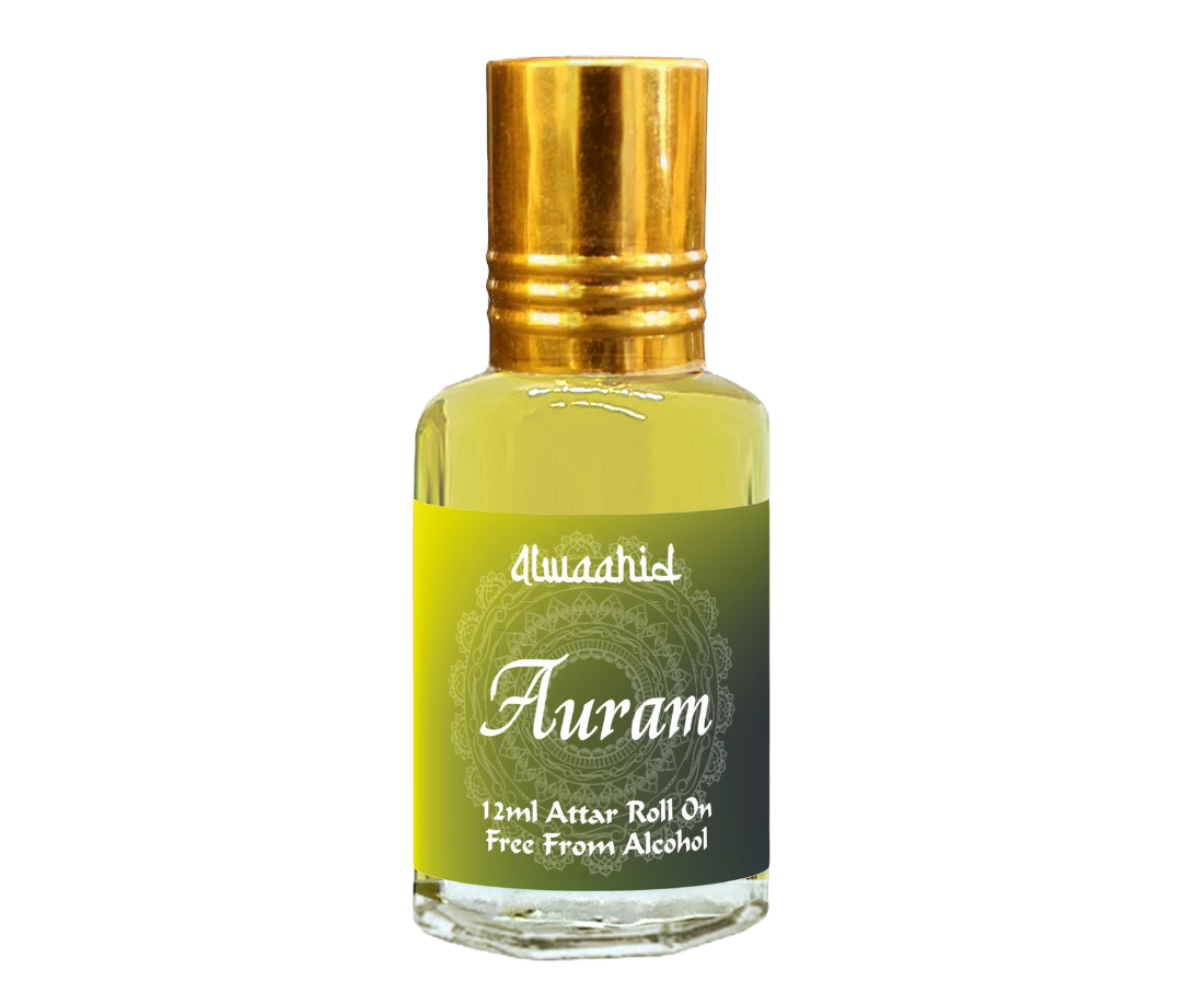 Auram 12ml roll-on attar with citrus, florals, vanilla, and amber for a rich and elegant scent.