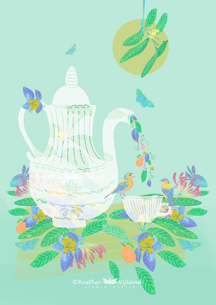 thee, koffie, illustratie, tropisch, Hesther Nijland illustratie, Engeland, zomer, poster voor in de keuken.