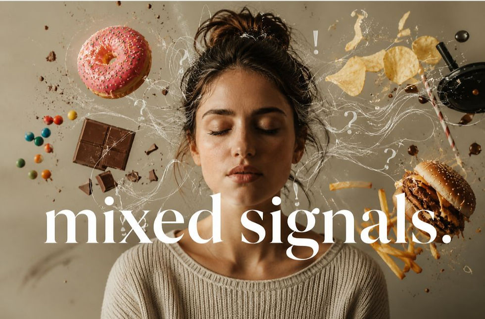 A woman surrounded by ultra-processed foods illustrating mixed signals sent to the body