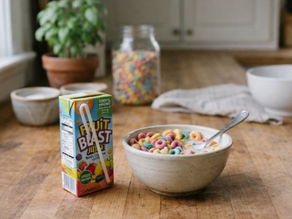 Bowl of colorful cereal and Fruit Blast juice box on a kitchen counter — common sources of synthetic food dyes
