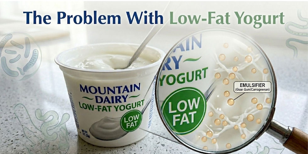 Low-fat yogurt container with a magnifying glass revealing emulsifier ingredients including guar gum and carrageenan 