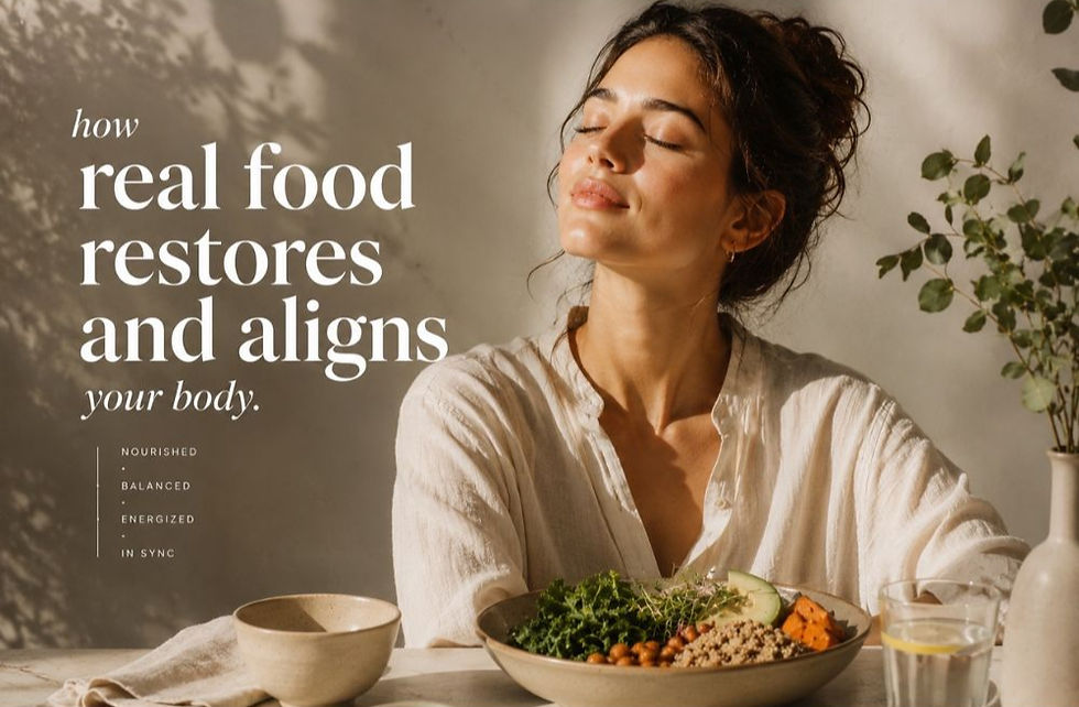 A woman eating a nourishing real food meal as her body begins to restore and realign