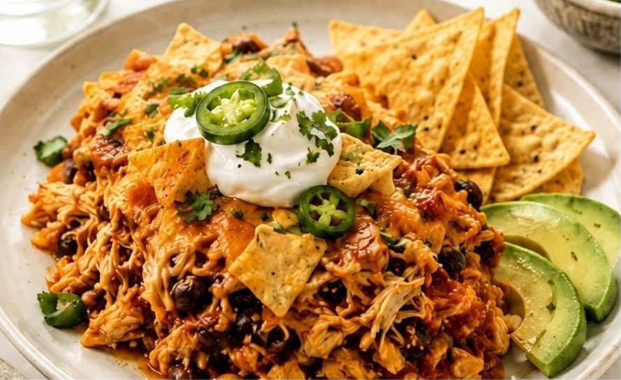 Crunchy enchilada tortilla bake topped with melted cheese, sour cream, jalapeños, cilantro, and sliced avocado on a plate
