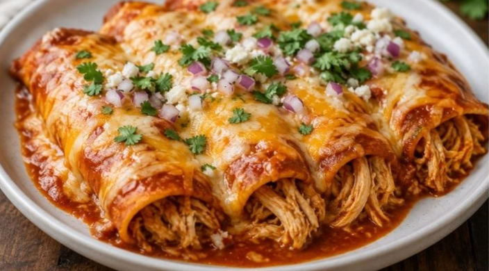 Chicken enchiladas topped with melted cheese and cilantro plated on a white dish.