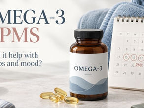 A monthly calendar marking a woman's cycle with a bottle of Omega 3 supplements. 