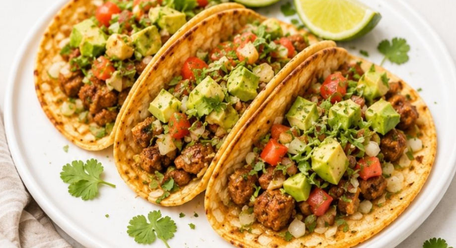 Sliced marinated steak street tacos on corn tortillas topped with diced onion, cilantro, and cotija cheese, served with lime wedges