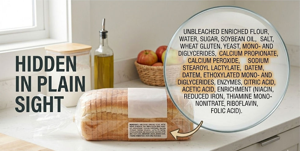 A loaf of bread on a kitchen counter with a magnified view of the ingredient label showing calcium propionate and other food preservatives.