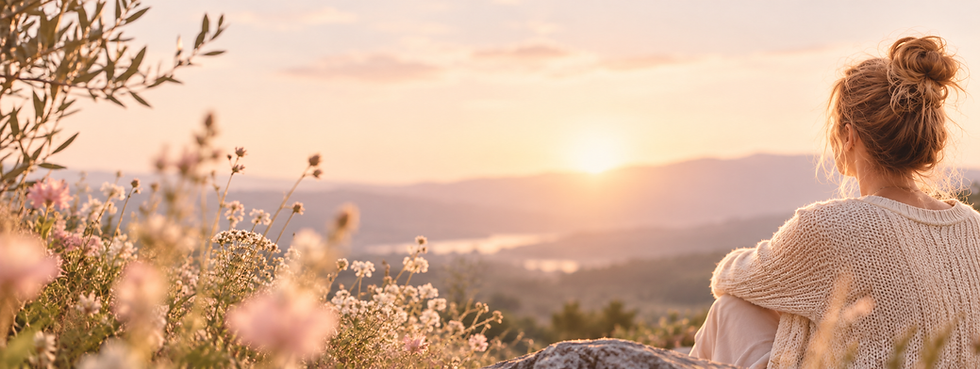 Femme dans un paysage naturel évoquant la périménopause et la ménopause