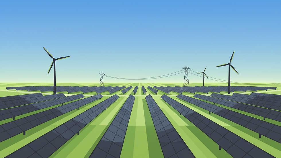 Eye-level view of a large solar panel farm under a clear blue sky