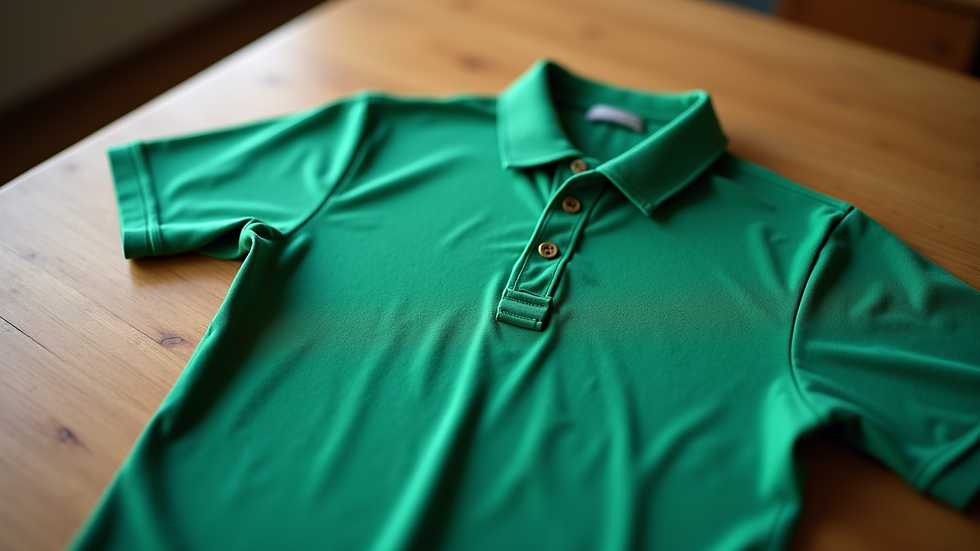 Eye-level view of a green polo shirt made from recycled materials on a wooden table