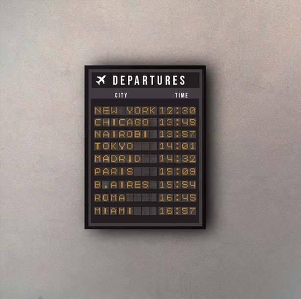 Tablero de salidas con destinos: Nueva York, Madrid.