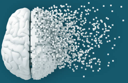 Cervello umano rappresentato in forma digitale, con parti pixellate e frammentate, a simboleggiare il deterioramento cognitivo dovuto all’uso scorretto dell’intelligenza artificiale.