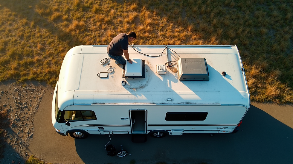 High angle view of an RV roof being inspected for leaks