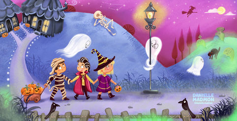 Three children trick-or-treating in a magical village at night, whimsical Halloween children’s book illustration.
