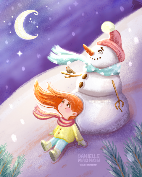 Whimsical winter illustration of a child playing with a snowman at night under a crescent moon