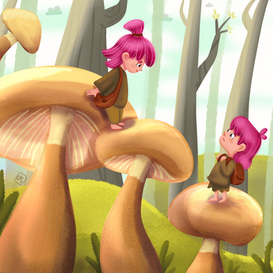 Two girls sitting on giant forest mushrooms in a whimsical children’s book illustration.