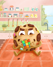 Chocolate-chip cookie character sitting on a kitchen floor solving a Rubik’s cube, whimsical children’s book illustration.