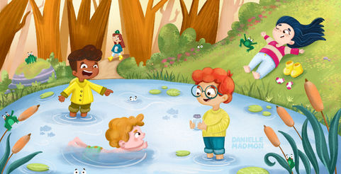 Three children playing in a forest pond surrounded by nature, colorful children’s book illustration.