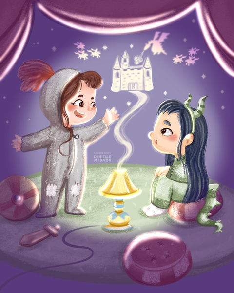 Children’s book illustration of two kids imagining a glowing fairy-tale castle in a magical, dreamy setting
