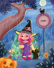 Little witch checking her watch while waiting at a magical station with her cat, pumpkins, and glowing ghostly lights, whimsical children’s book illustration.