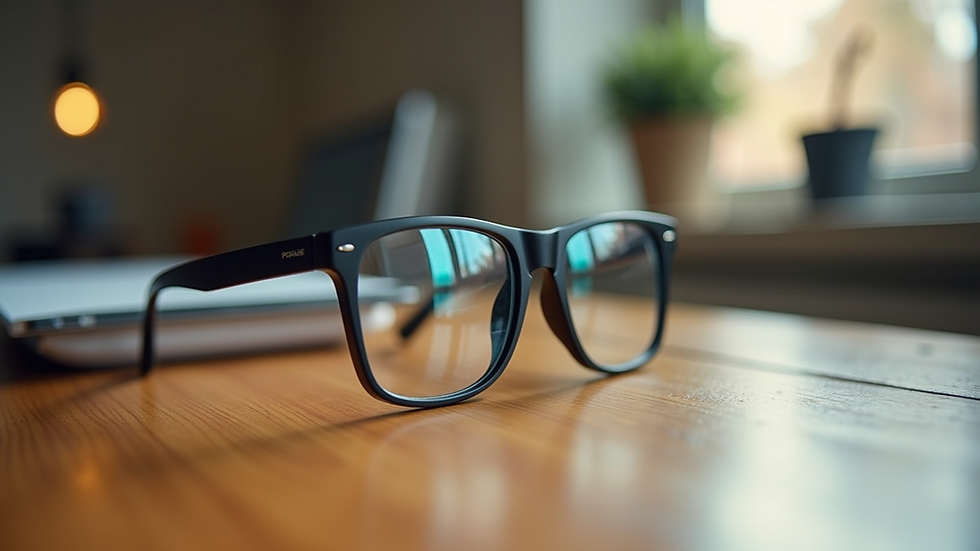 Close-up view of eyeglasses with progressive lenses on a wooden table