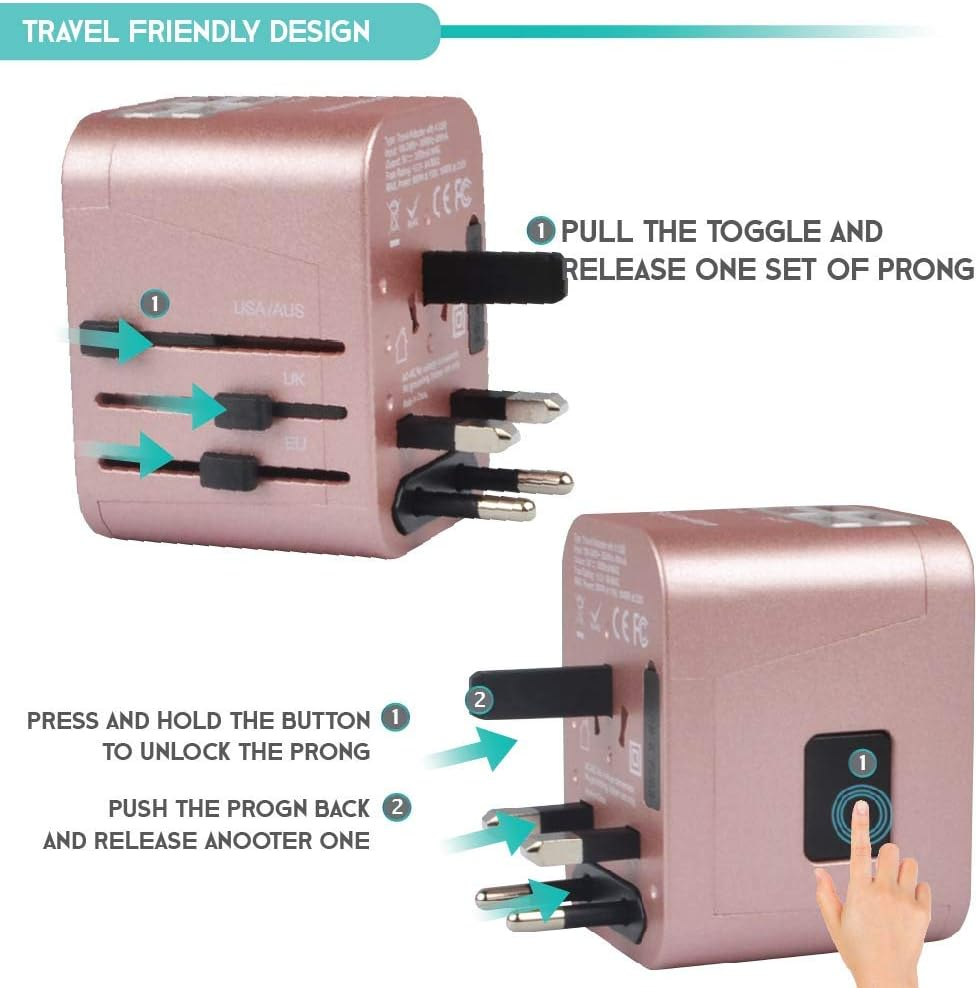 Thumbnail: Universal Travel Adapter International All in One Plug (Rose Gold)- W/4 USB Port