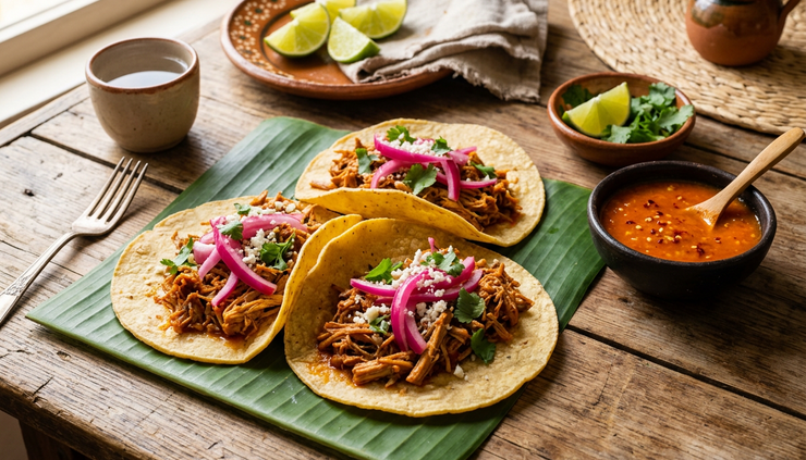 Eye-level view of cochinita pibil tacos with pickled onions.