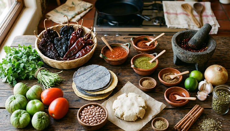 Overhead view of traditional Mexican ingredients on a wooden table.