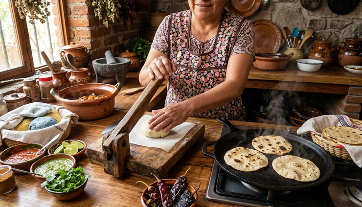 Wide-angle view of a home cook pressing corn tortillas beside a hot comal.