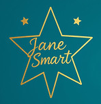 large gold star that says Jane Smart in cursive writting in the middle.jpg