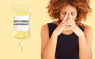 Anti-Stress & Antioxidant IV drip bag, designed to reduce stress, fight free radicals, and promote overall wellness, safely administered at home in Dubai by DHA-licensed healthcare professionals.