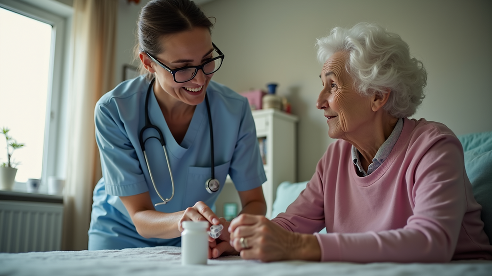 Eye-level view of a caregiver assisting an elderly woman with medication at home