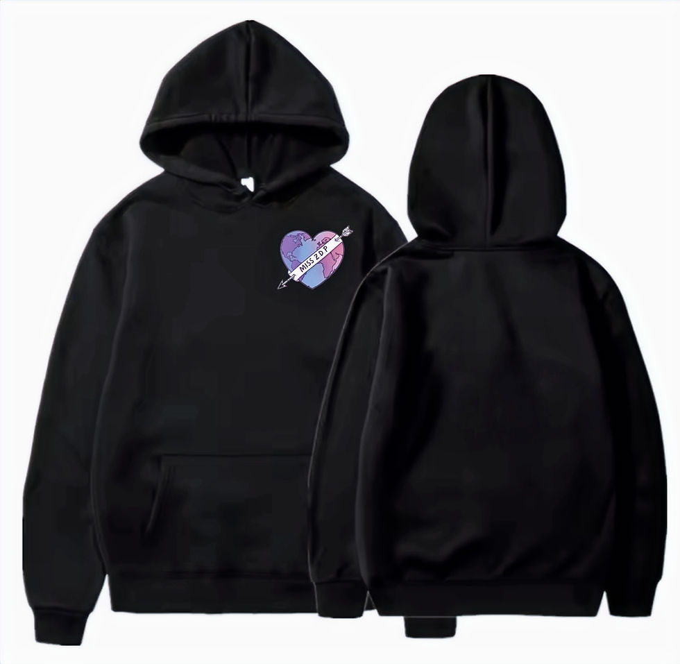Thumbnail: Black Mundo Loves Zeudi Hoodie
Black hoodie with a heart-shaped globe in bisexual flag colors and an arrow through it, featuring “MISS ZDP” text – fan merch inspired by Zeudi Di Palma.