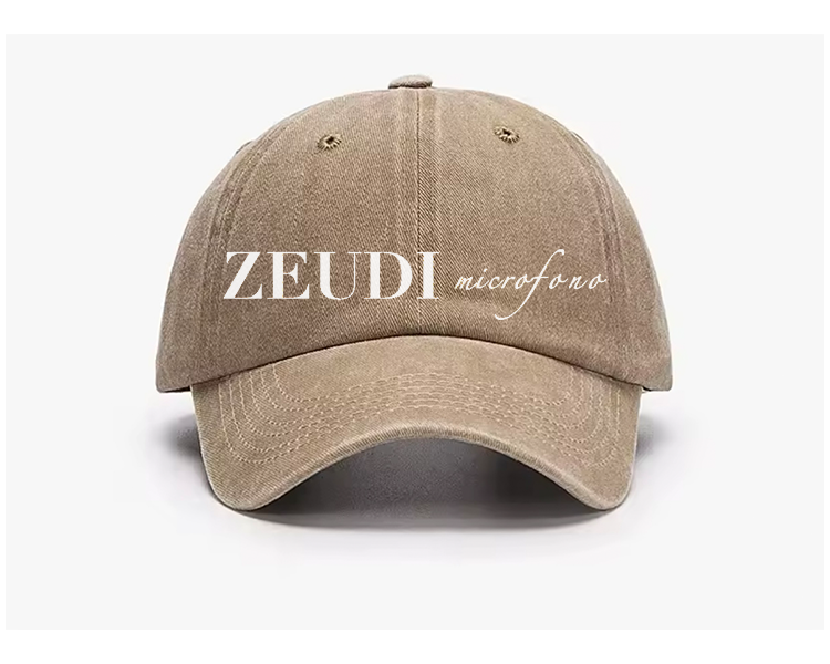 Thumbnail: Light tan cotton cap with “Zeudi Microfono” stitched in bold text – inspired by Italian cinema icon Zeudi Di Palma.