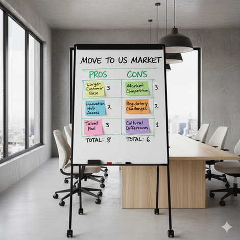Whiteboard in a modern office with a table titled "MOVE TO US MARKET" detailing the pros (Total 8) and cons (Total 6) of the market move on colorful sticky notes.