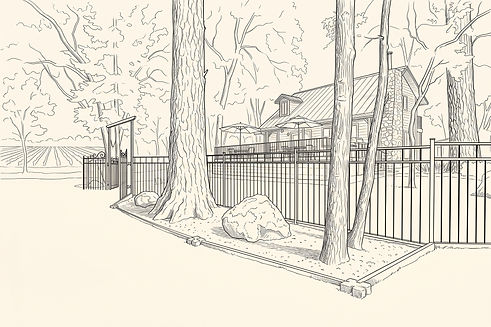 A quiet illustrated glimpse of Creekside Retreat, framed by mature trees, a welcoming deck, and the relaxed beauty of Inwood Valley.