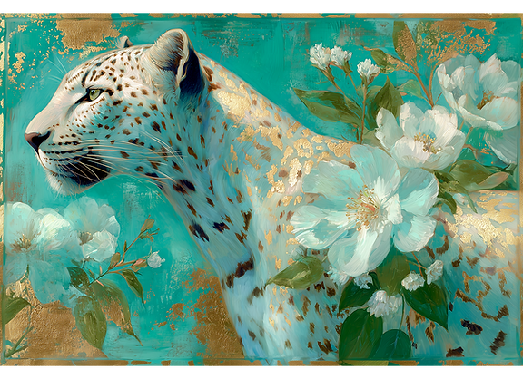 Close-up detail of exotic leopard and white floral decoupage tissue paper. High-resolution art pattern for maximalist furniture artists and boutique suppliers.