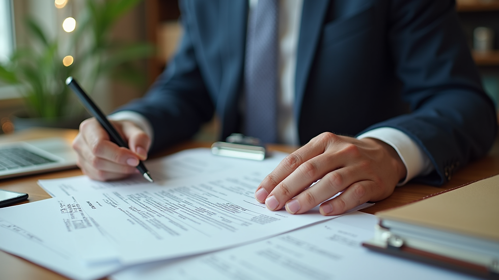 High angle view of a Texas business owner reviewing insurance documents