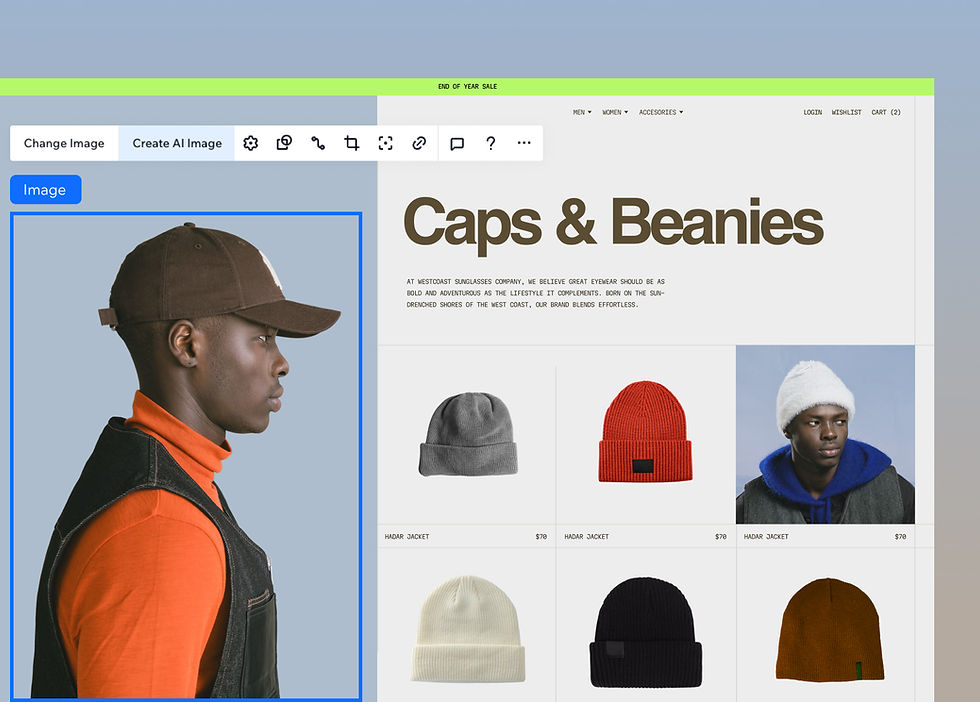 An online store selling caps and beanies is being edited on Wix Studio. An image of a man wearing a brown base ball cap has been created with built-in AI.