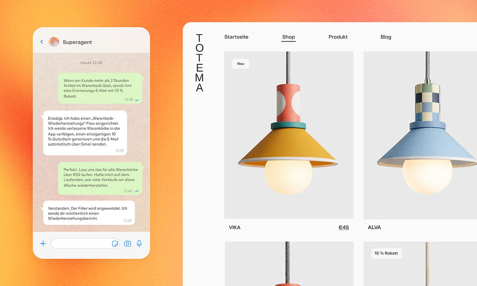 Ein Split-Screen, der einen Chat mit Superagent zeigt, der einen wiederherstellenden Einkaufswagenfluss für einen Base44 E-Commerce-Shop einrichtet.