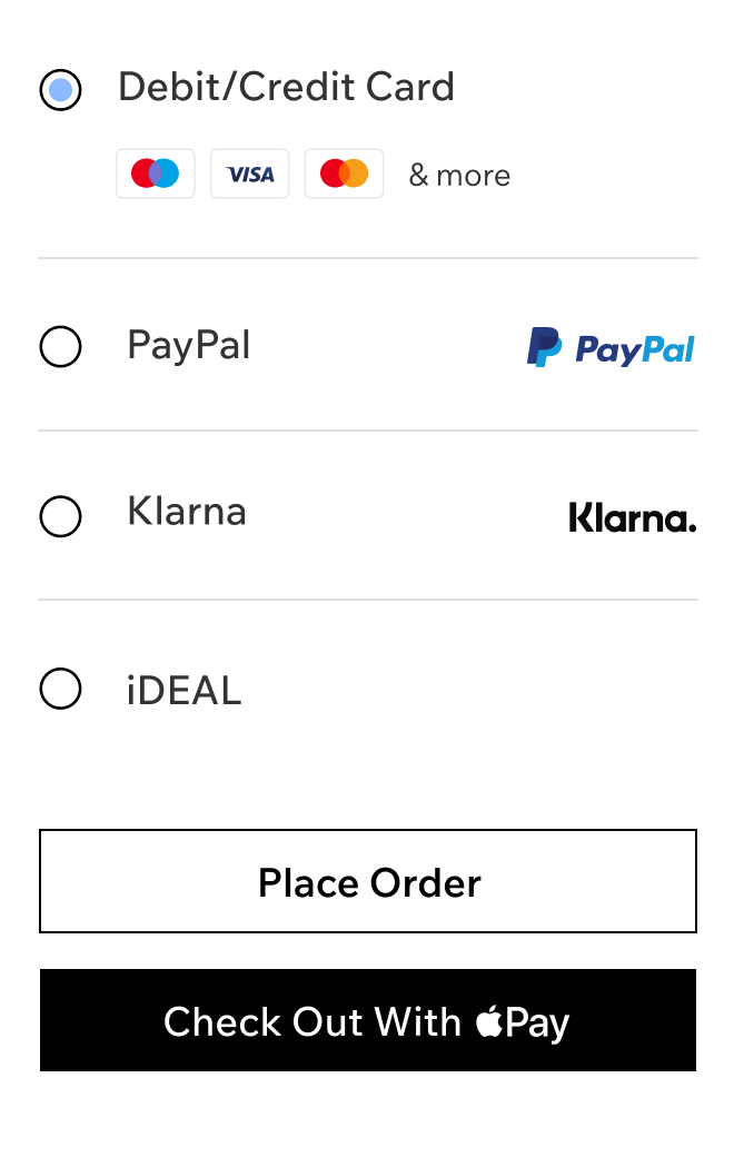 Différentes options de paiement qui peuvent être choisies par les clients, dont la carte bancaire et de crédit, PayPal, Klarna et iDEAL.